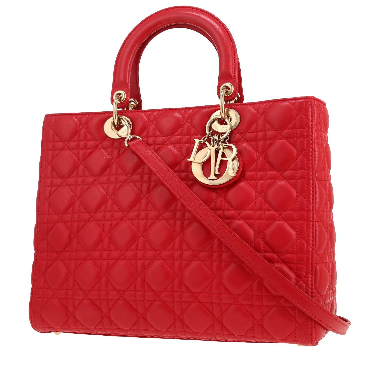 Dior Large Lady Dior Cannage Leather Bag - Red
