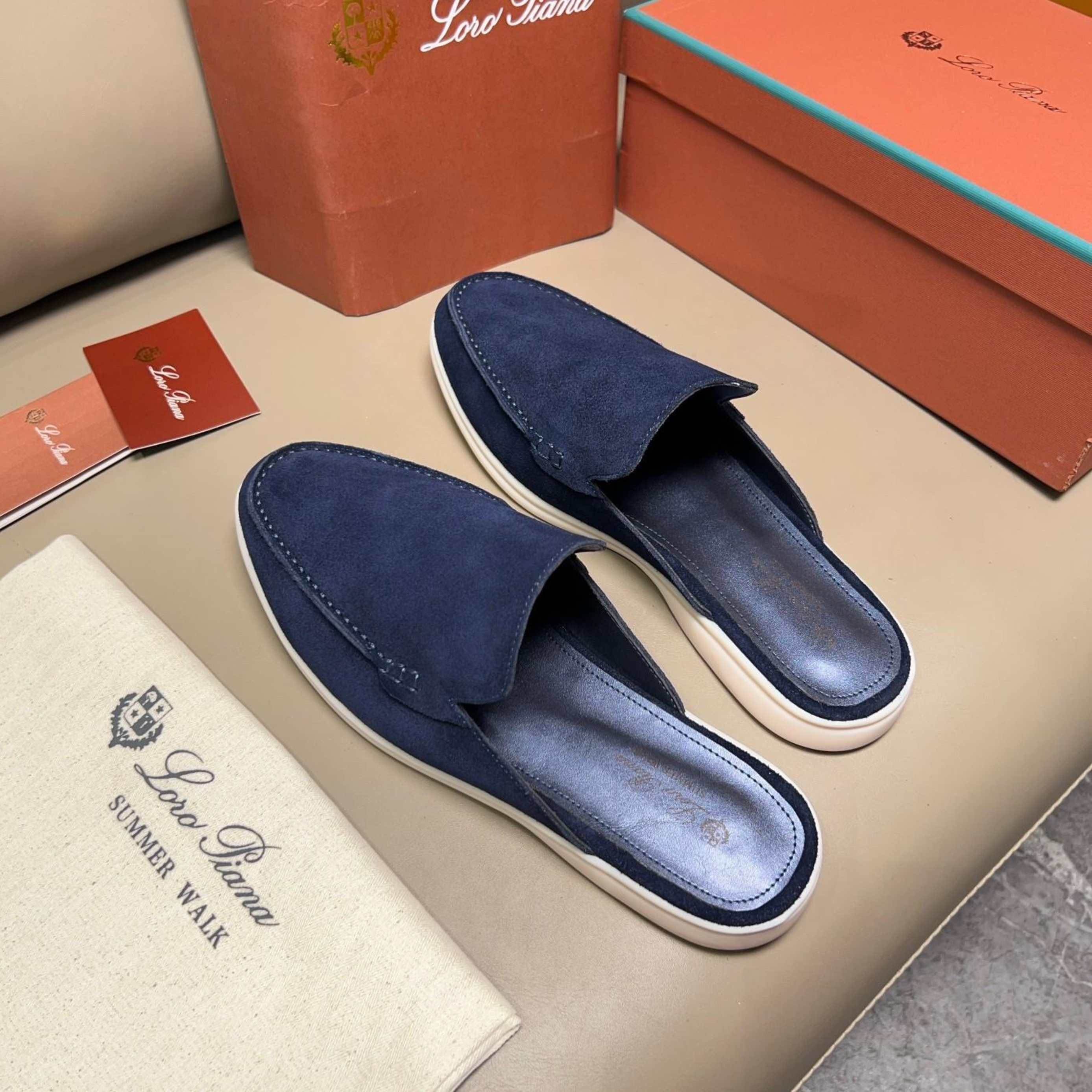Loro Piana Babouche Walk Suede Slippers - Racing Blue (003)