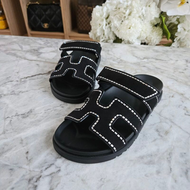 Hermes Chypre Suede Crystals Sandals - Black