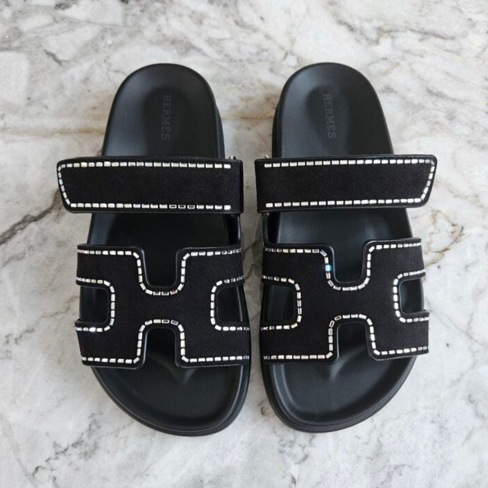 Hermes Chypre Suede Crystals Sandals - Black