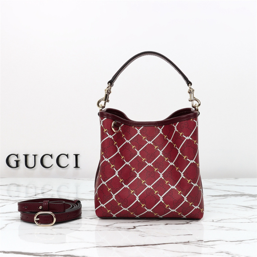 Gucci GG Emblem Small Bucket Bag – Red
