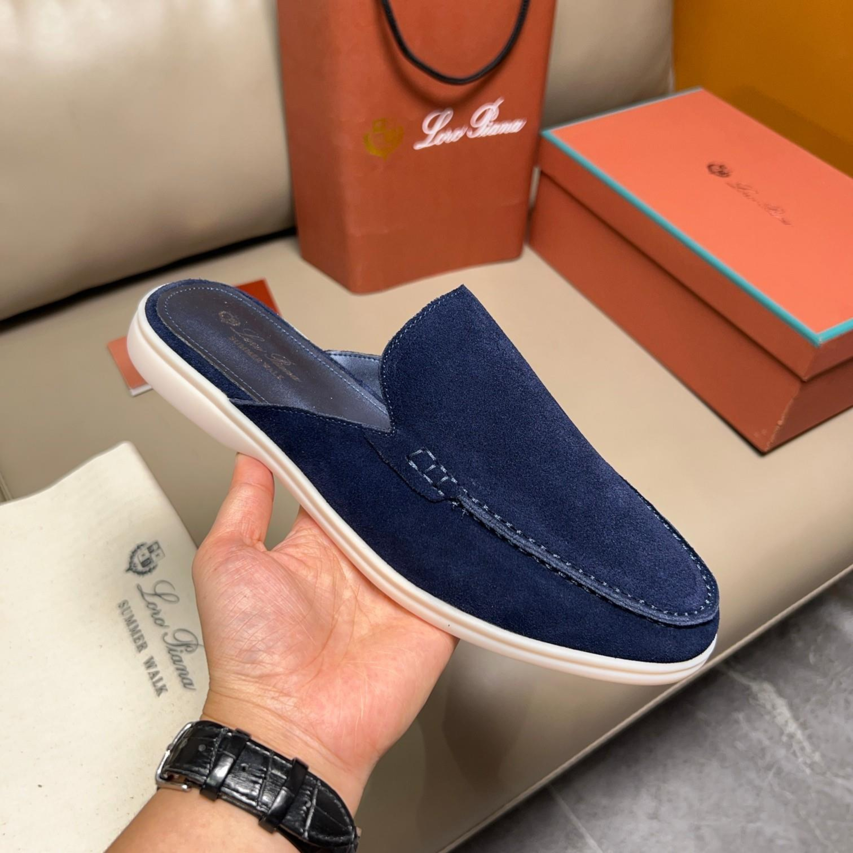 Loro Piana Babouche Walk Suede Slippers - Racing Blue (003)