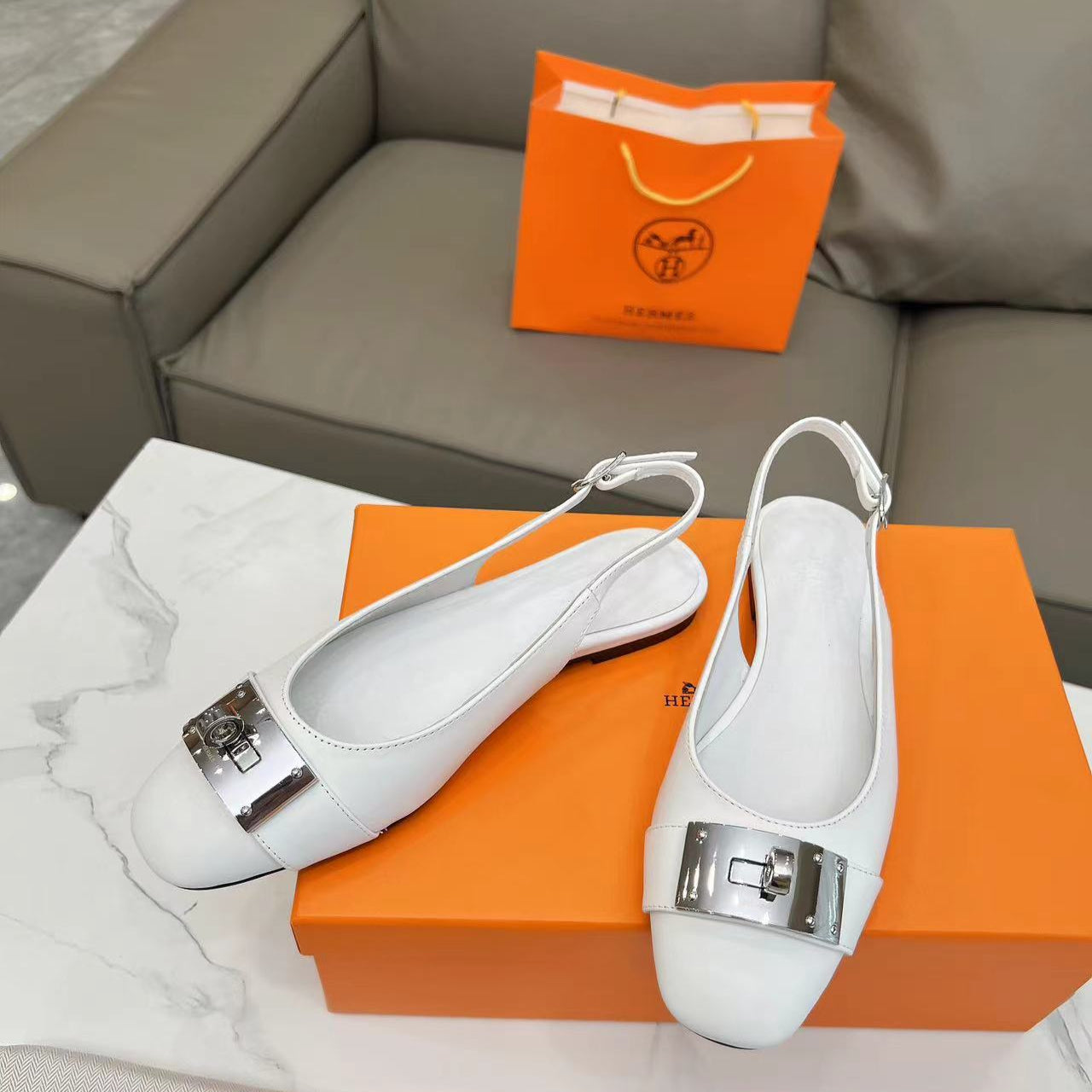 Hermes Innocente Slingback Sandals - White