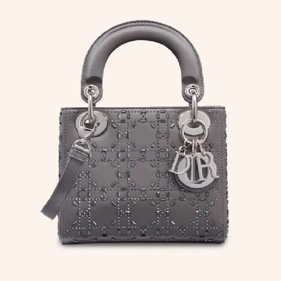 Dior Mini Lady Dior Cannage Quilt Satin Bag - Grey