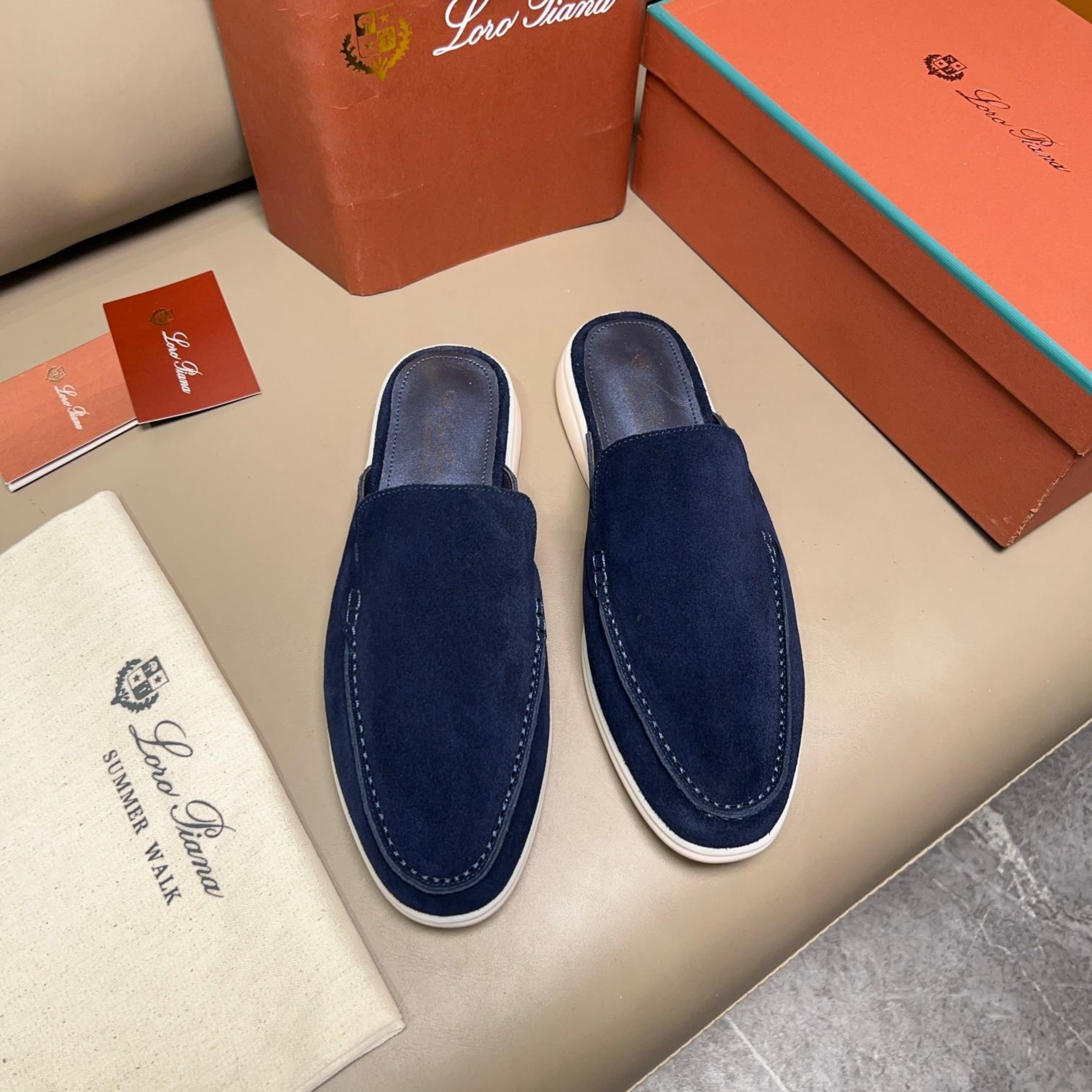 Loro Piana Babouche Walk Suede Slippers -  Racing Blue (003)