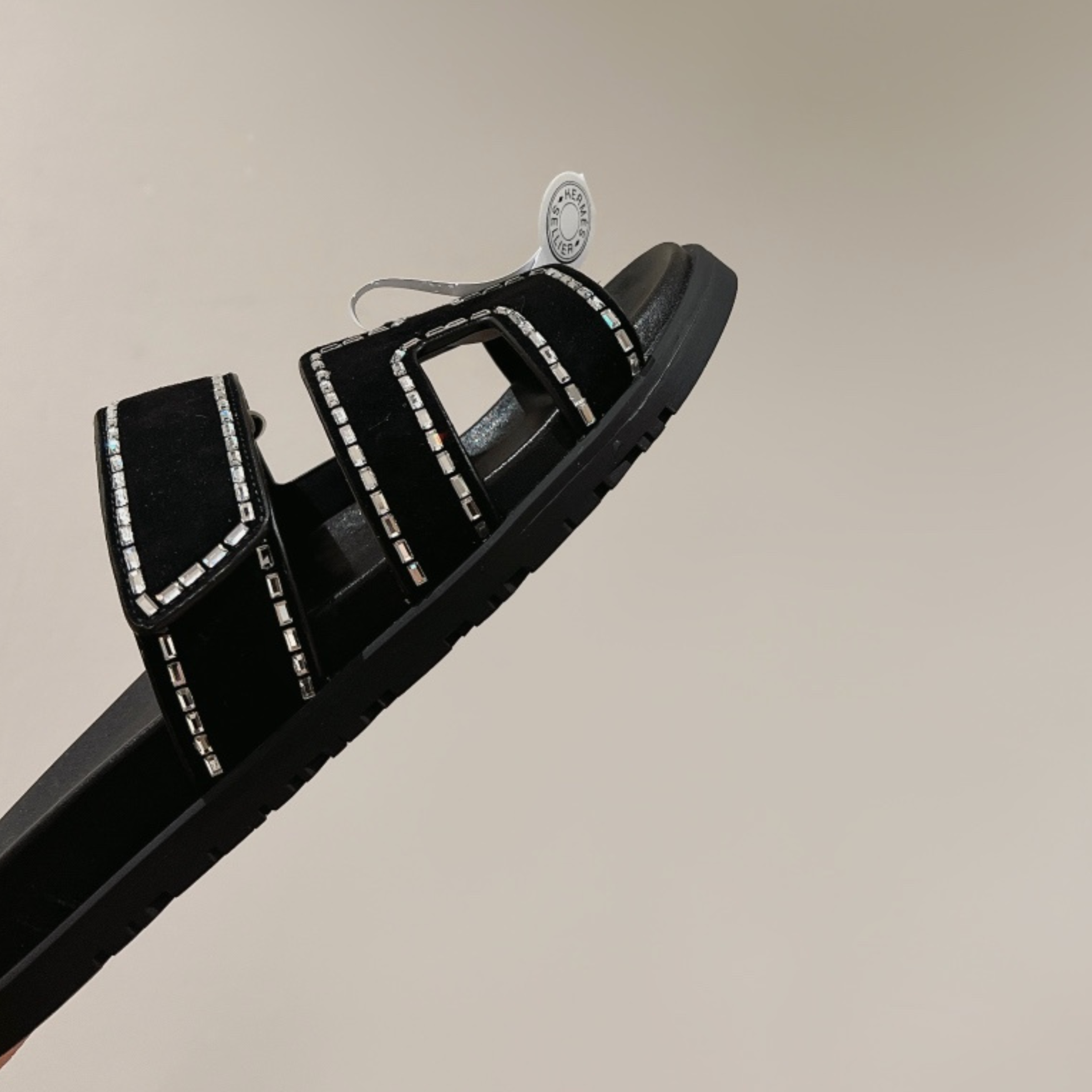 Hermes Chypre Suede Crystals Sandals - Black