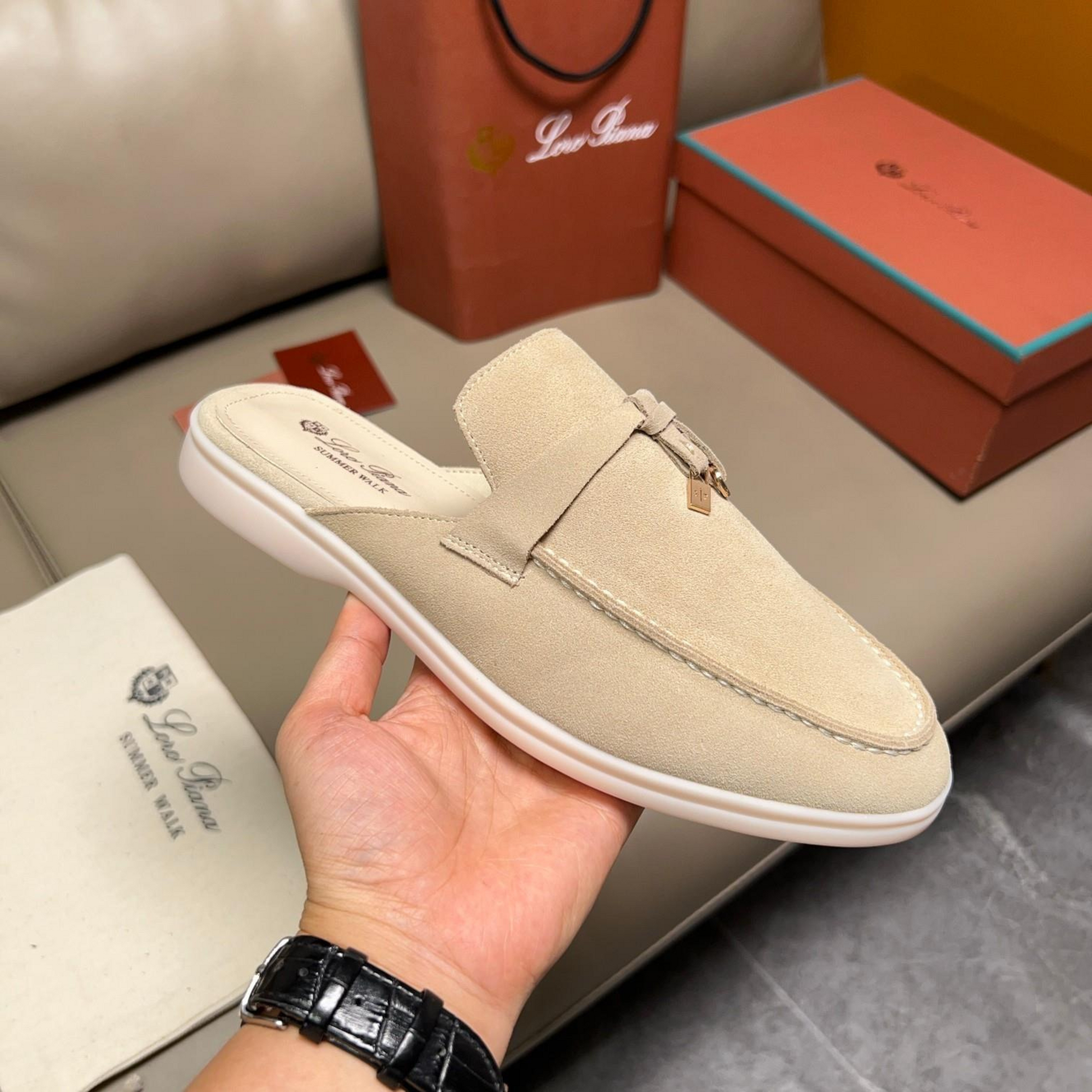 Loro Piana Babouche Charms Walk Suede Loafer - Linen (D746)