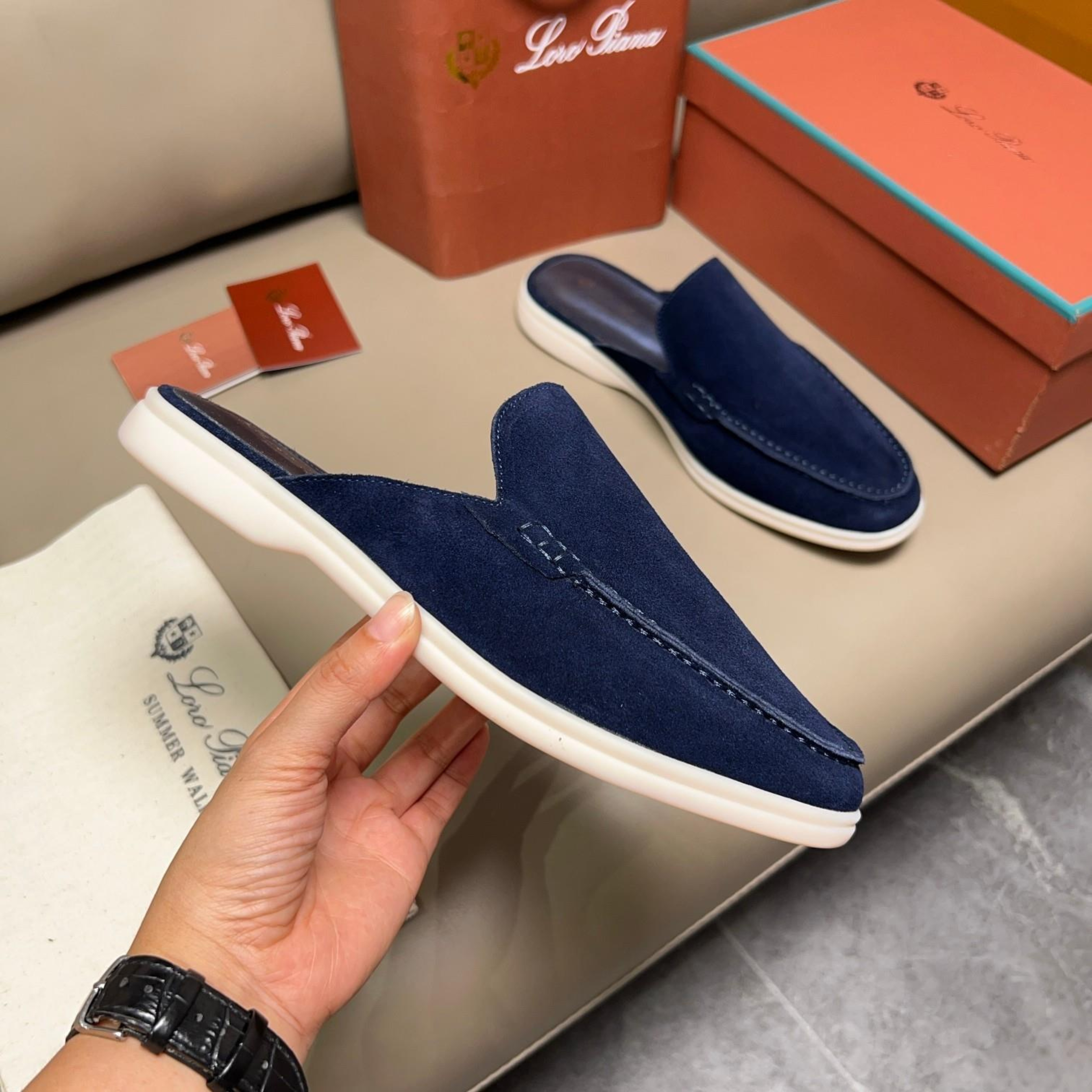 Loro Piana Babouche Walk Suede Slippers -  Racing Blue (003)
