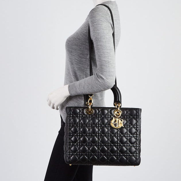 Dior Large Lady Dior Cannage Lambskin Bag - Black