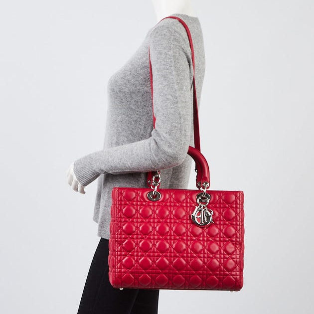 Dior Large Lady Dior Cannage Leather Bag - Red