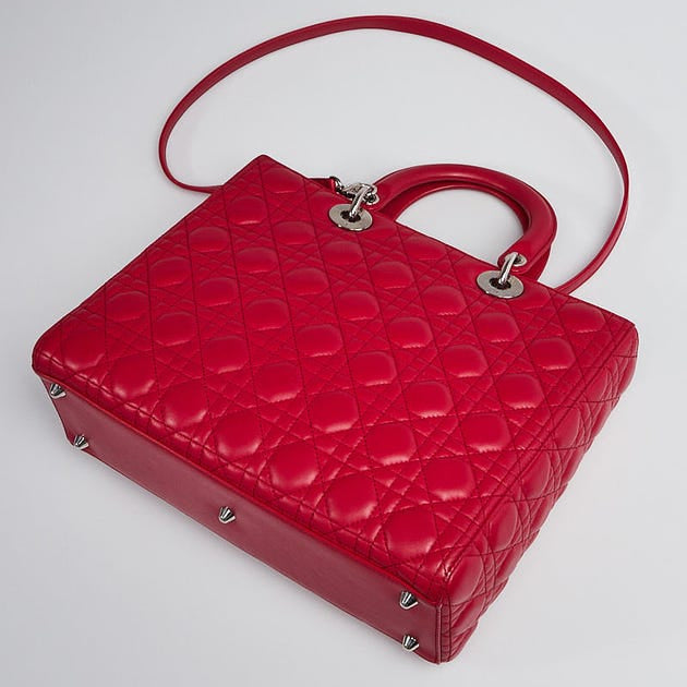 Dior Large Lady Dior Cannage Lambskin Bag - Red