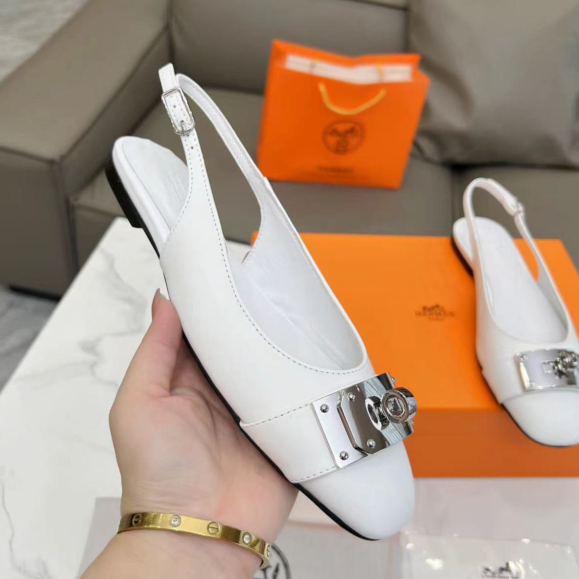 Hermes Innocente Slingback Sandals - White