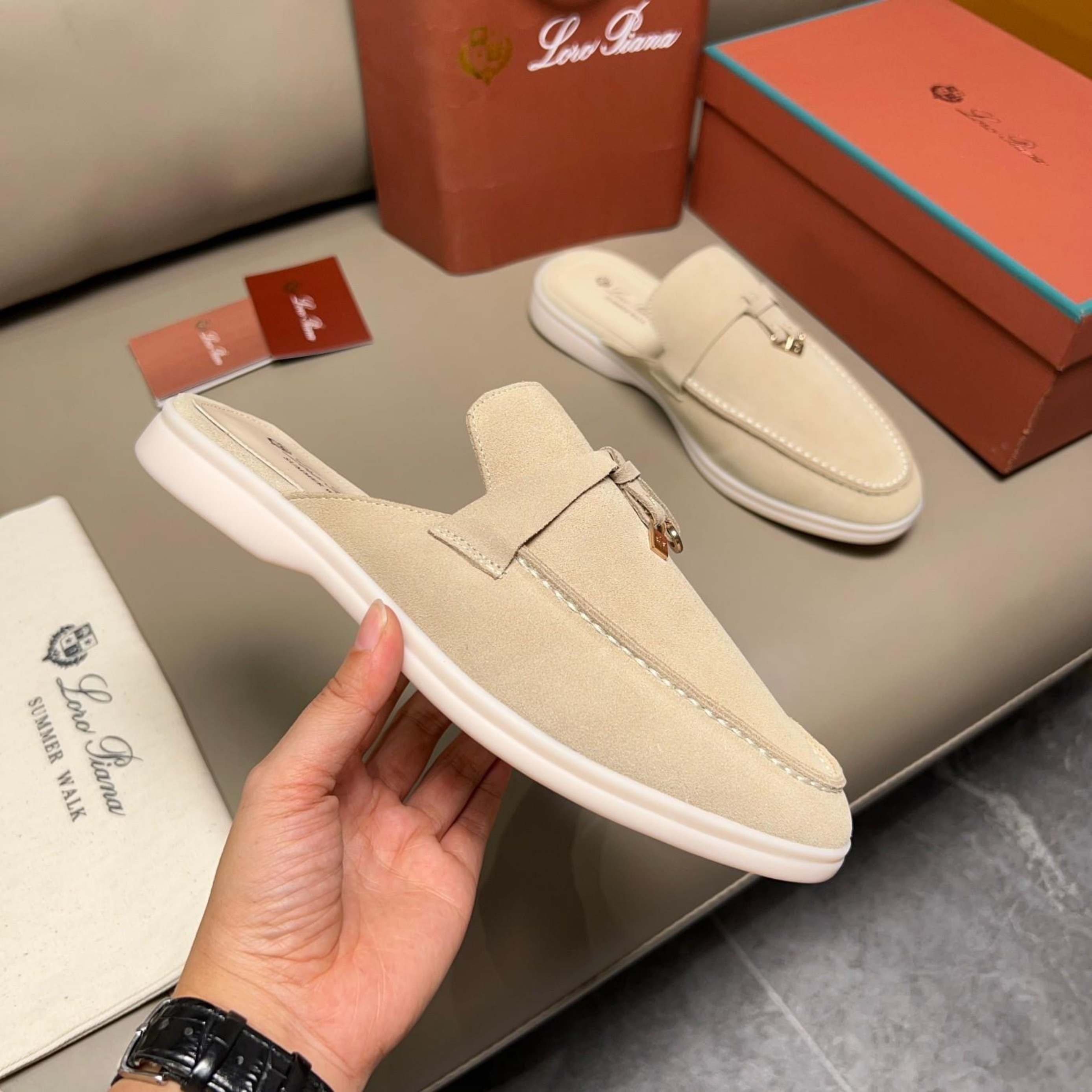 Loro Piana Babouche Charms Walk Suede Loafer - Linen (D746)