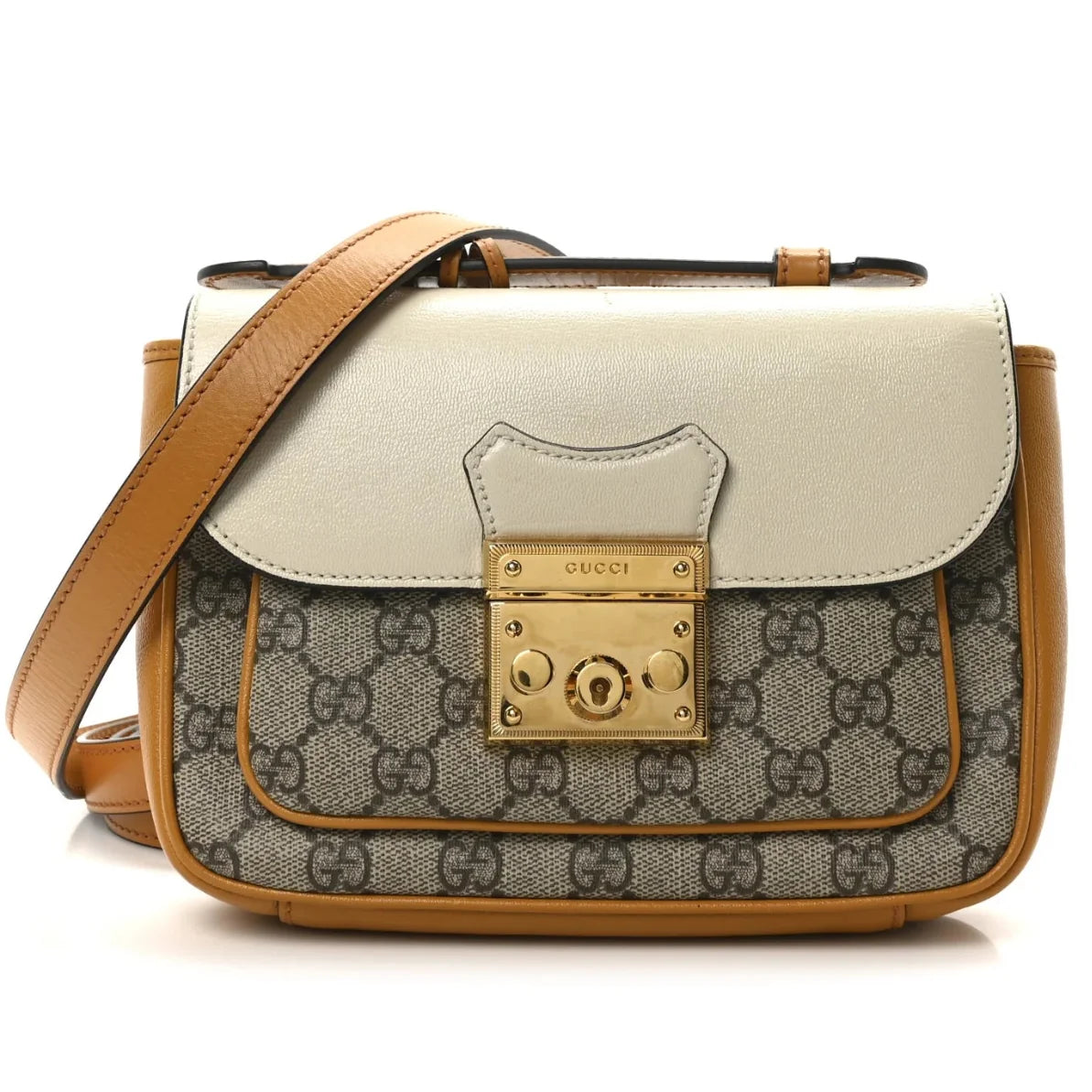 Gucci GG Supreme Padlock Front Pocket Flap Shoulder Bag – Beige