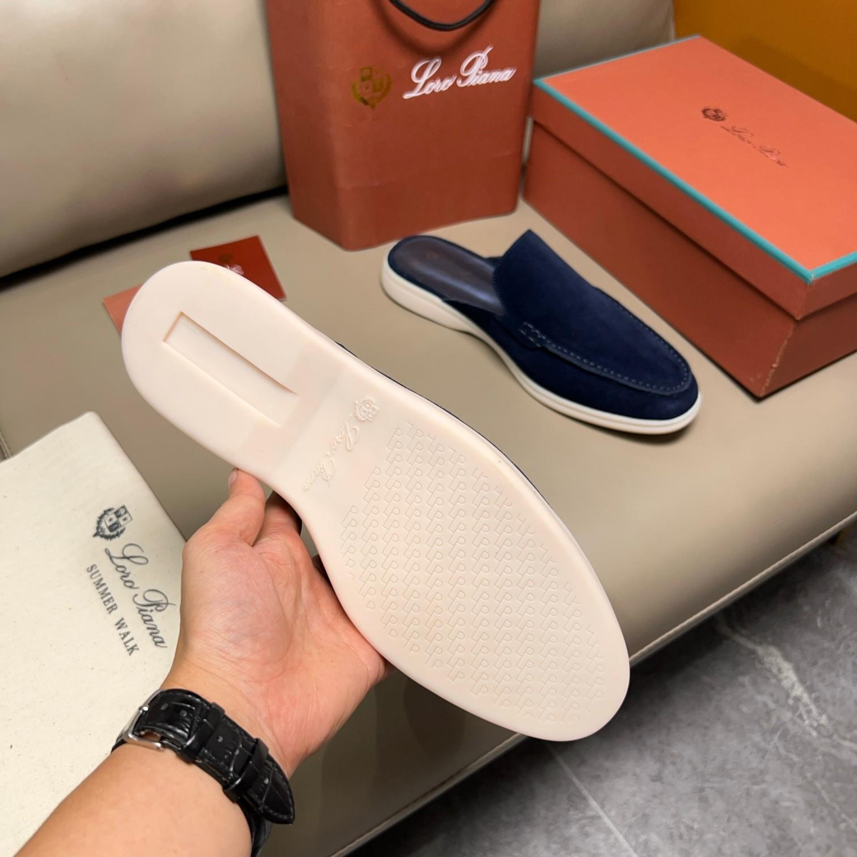 Loro Piana Babouche Walk Suede Slippers -  Racing Blue (003)