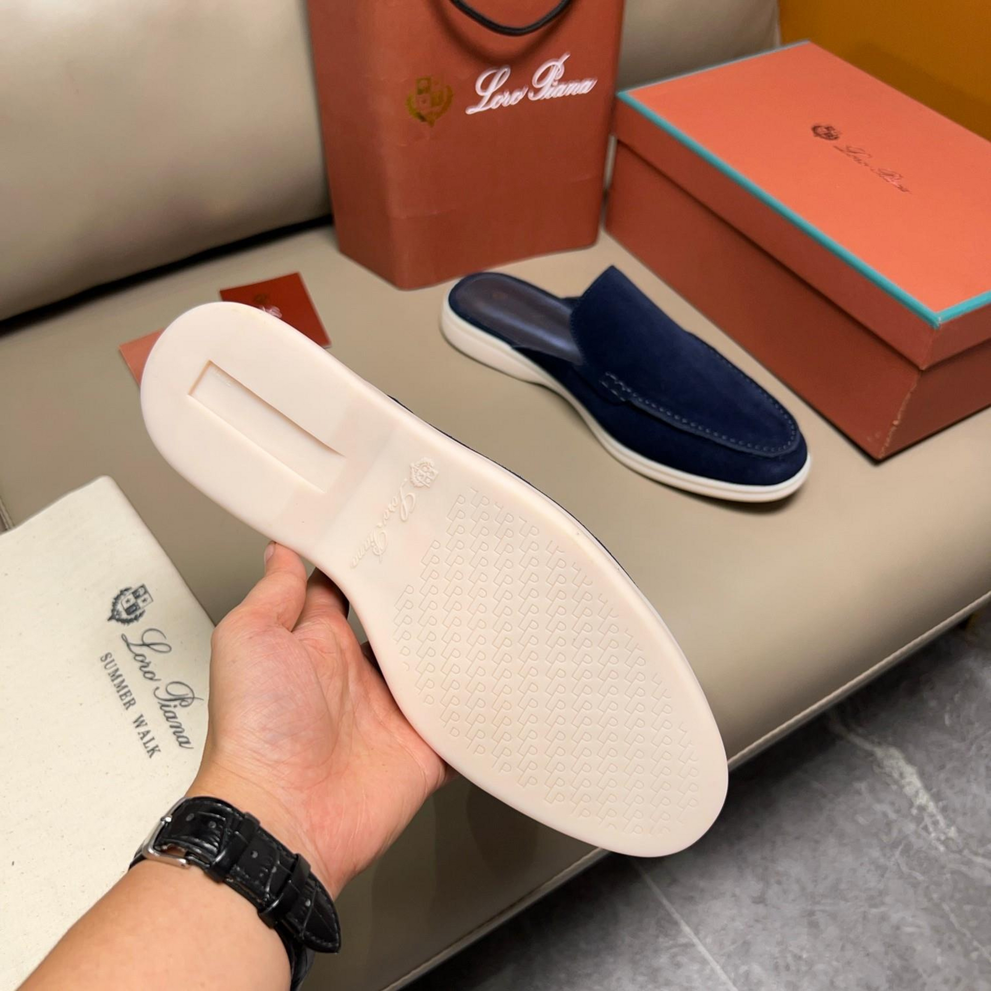 Loro Piana Babouche Walk Suede Slippers - Racing Blue (003)