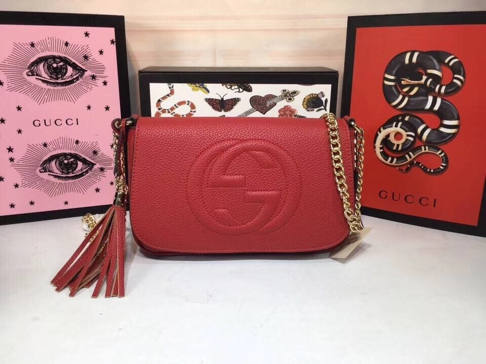 Gucci Soho Leather Flap Chain Shoulder Bag – Red