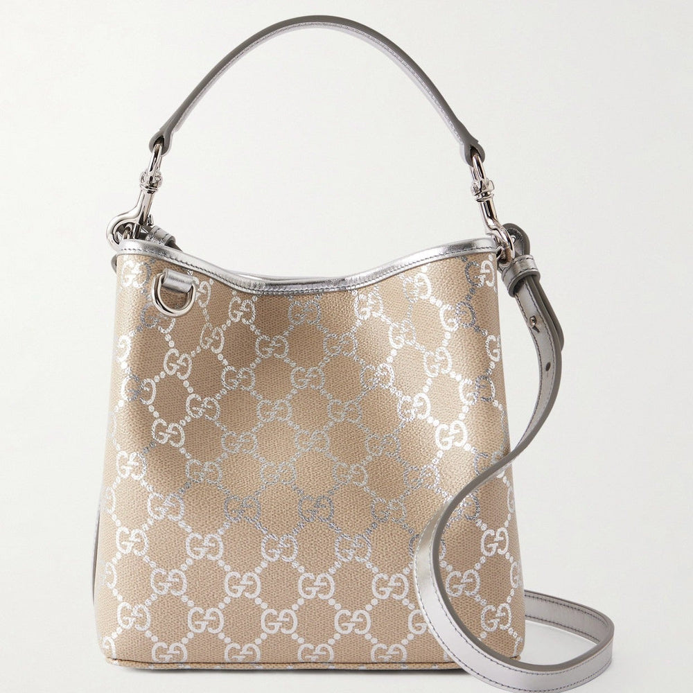 Gucci GG Supreme Monogram Emblem Leather Shoulder Bag - Beige