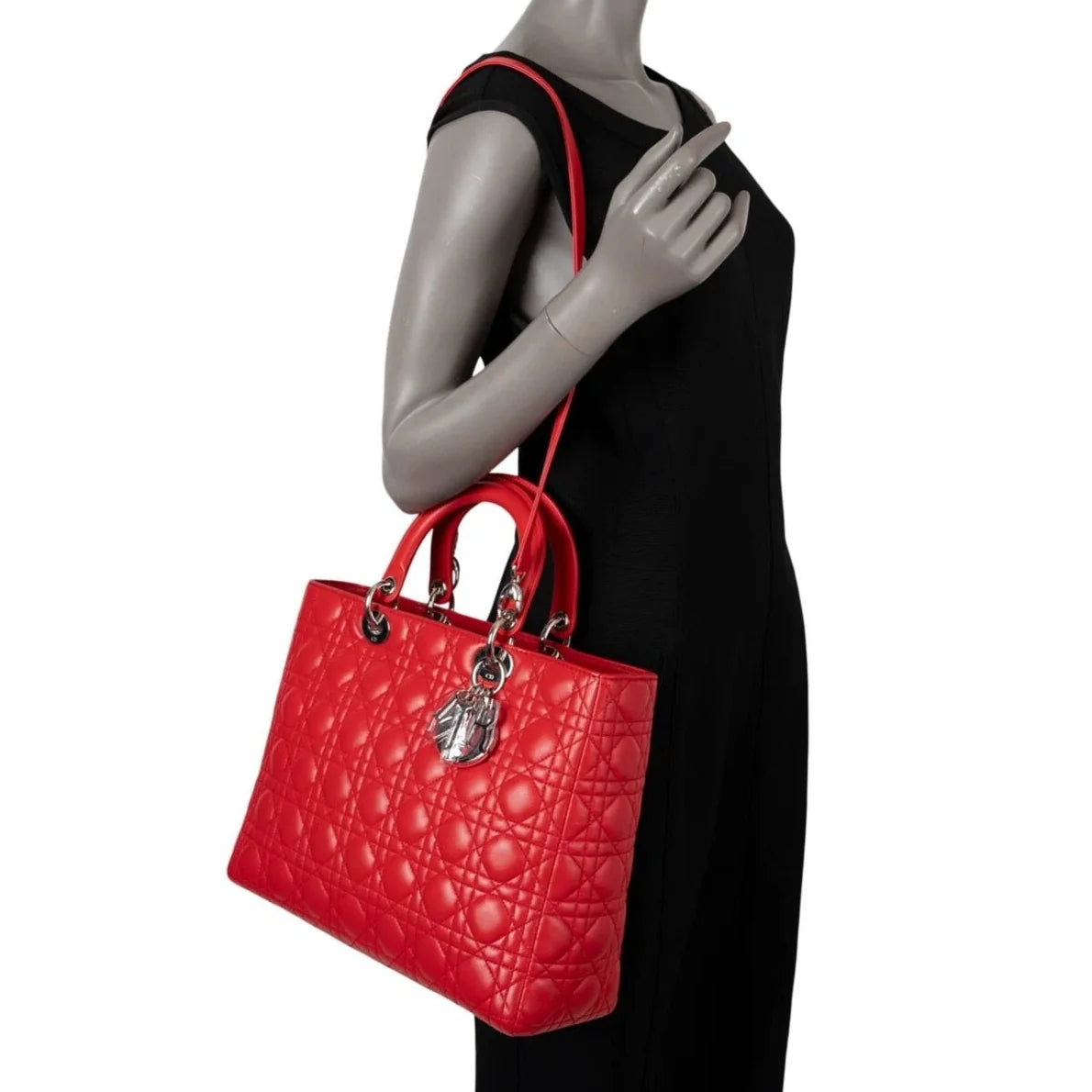 Dior Large Lady Dior Cannage Leather Bag - Red